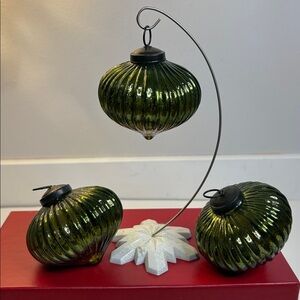 Vintage Kugel Midwest green textured ribbed diamond glass ornament set of 3